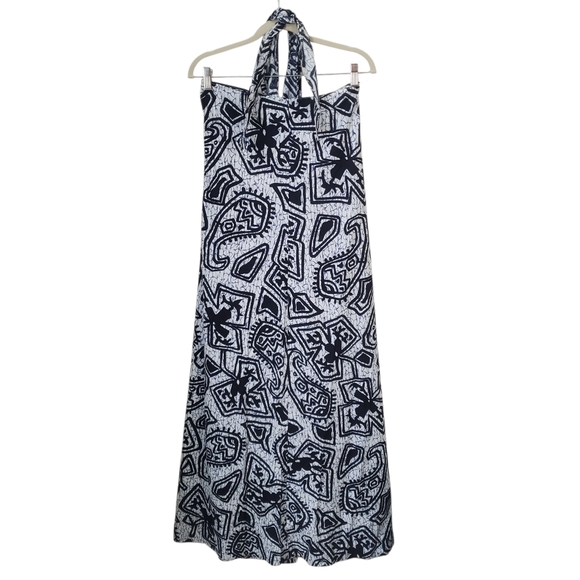 Vintage 70s HUKILAU FASHIONS Hawaiian Floral Tiki Sarong Wrap Dress Blue/Black - Picture 6 of 12